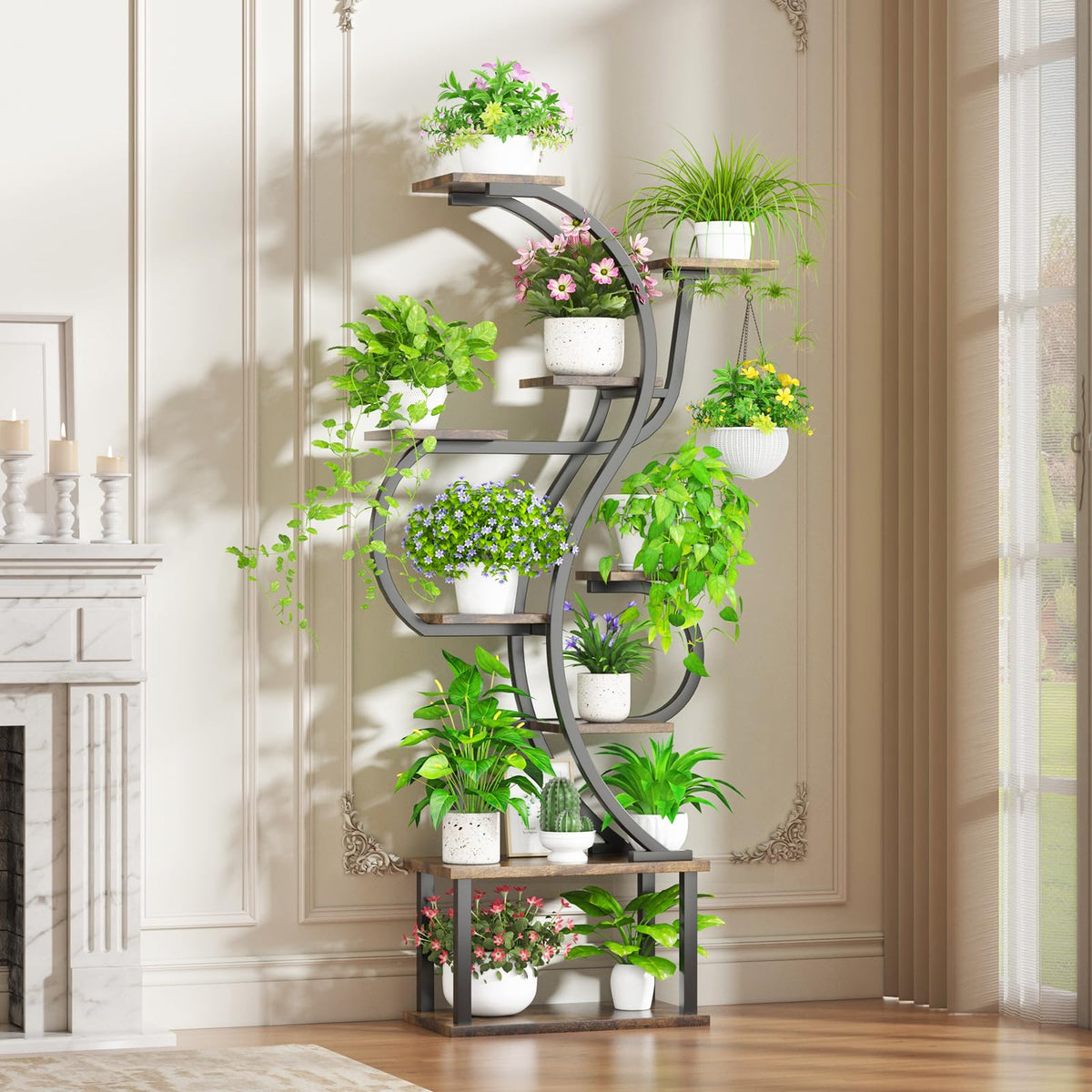 runjuly Plant Stand Indoor with Grow Light, 9 Tiered Indoor Plant Stand, 68" Tall Flower Stand Plant Shelf Indoor, Double S Shape Plant Holder, Versatile Plant Hanger for Living Room, Bedroom, Patio