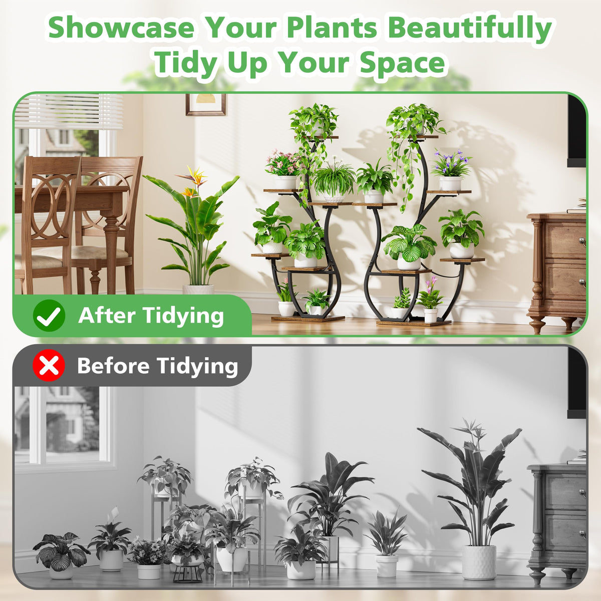 CODACE Plant Stand Indoor with Grow Lights - 2 PCS Indoor Plant Shelf, 6 Tiered Corner Plant Stands for Indoor Plants, Swan-Shaped Plant Holder, Metal Flower Display Rack for Living Room (Black)