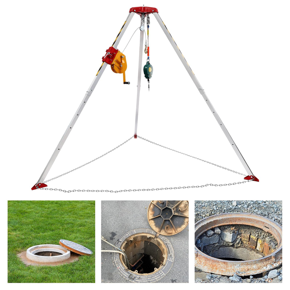 Confined Space Tripod Kit with 1800lbs Load Winch, Heavy Duty Confined Space Rescue Tripod with Self-Locking Device, Fall Arrester, 5.25-8ft Adjustable Working Height, 65.6ft Steel Wire