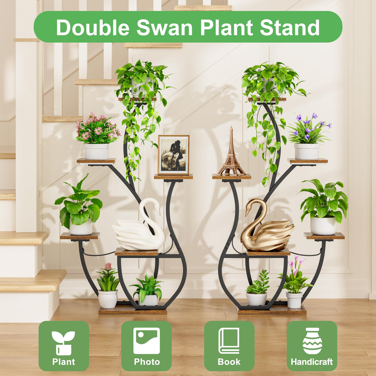 CODACE Plant Stand Indoor with Grow Lights - 2 PCS Indoor Plant Shelf, 6 Tiered Corner Plant Stands for Indoor Plants, Swan-Shaped Plant Holder, Metal Flower Display Rack for Living Room (Black)