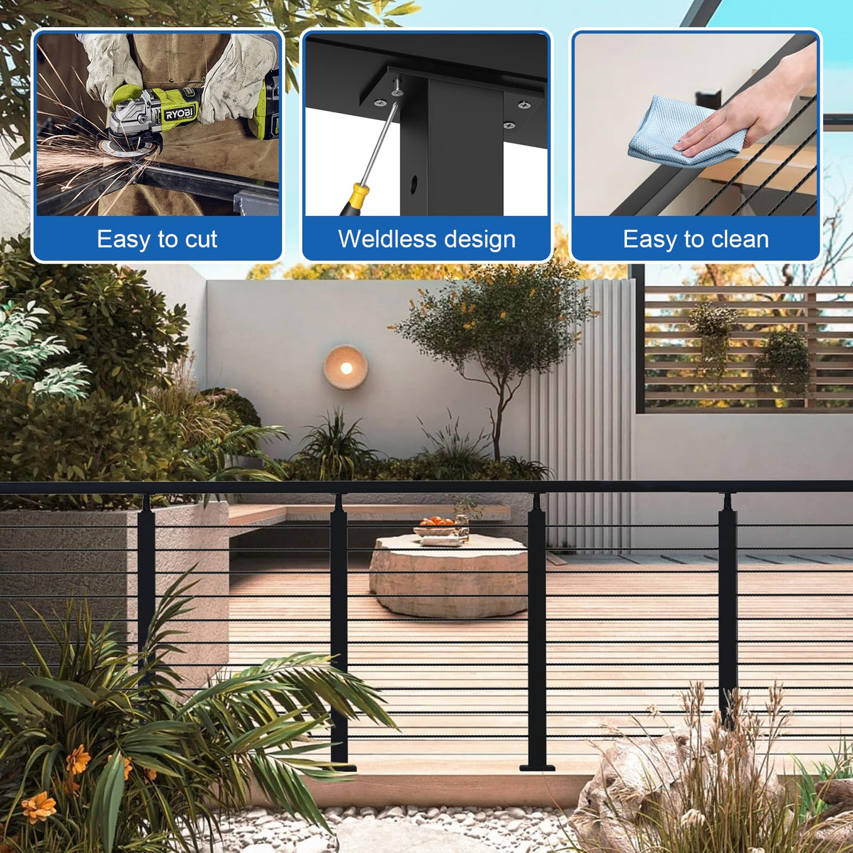 BLIKA 2Pack 8FT Stainless Steel Cable Railing Handrail, Black Rectangular Handrail Flat Top Rail with End Caps for Deck Stair Cable Railing System, Deck Hand Rails for Indoor/Outdoor, BL01-T