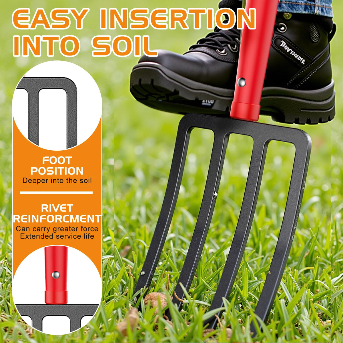 HIGHLIGHT Garden Fork, 4-Tine Spading Fork, Compost Fork, Steel Digging Fork, 45Inch, Steel D-Grip, Wooden Handle