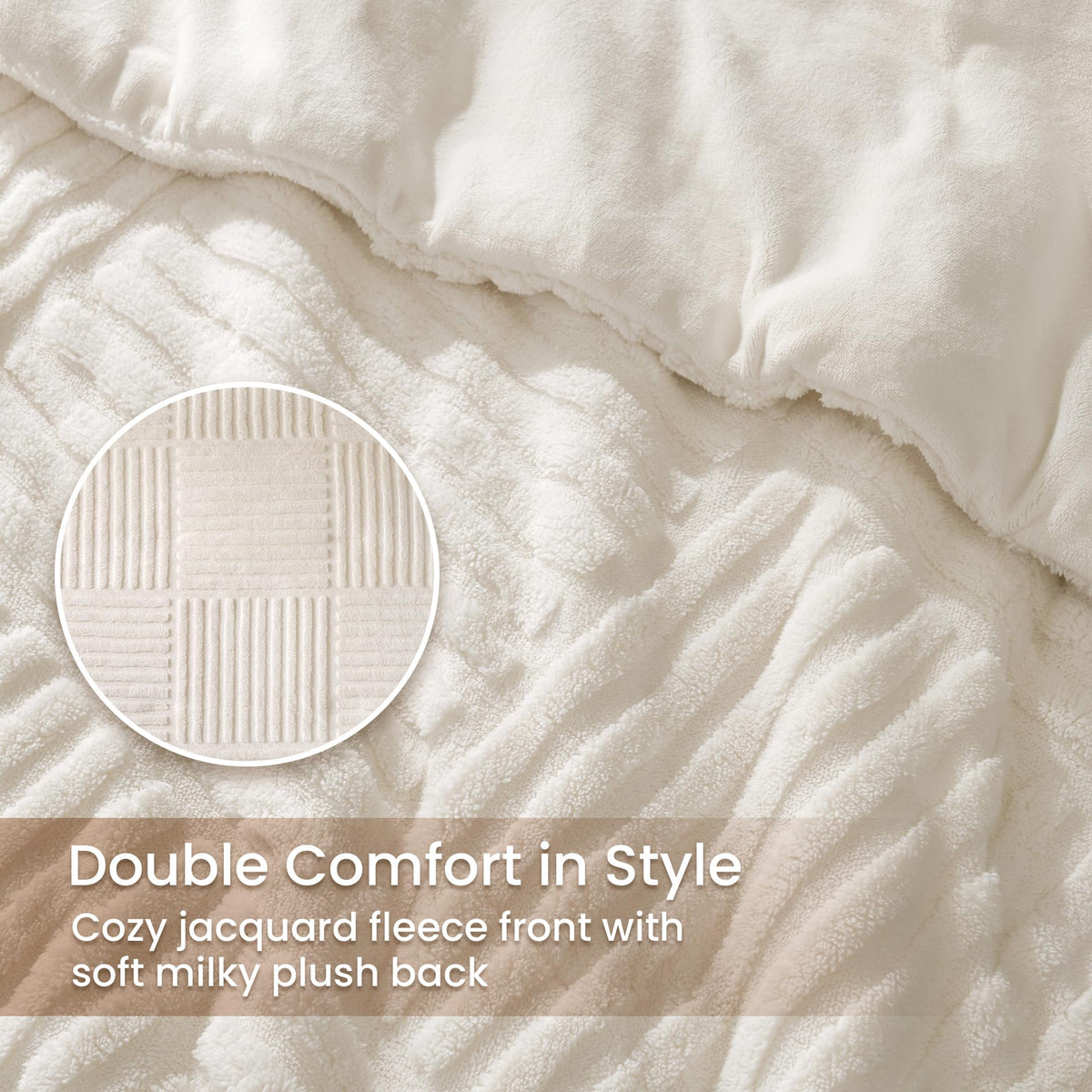 Amélie Home Fleece Comforter Set Queen Size, Beige Fleece Bedding Set with Stripe Jacquard, Soft Fluffy Bedding Set, 3 Pieces, 1 Warm Comforter and 2 Pillowcases