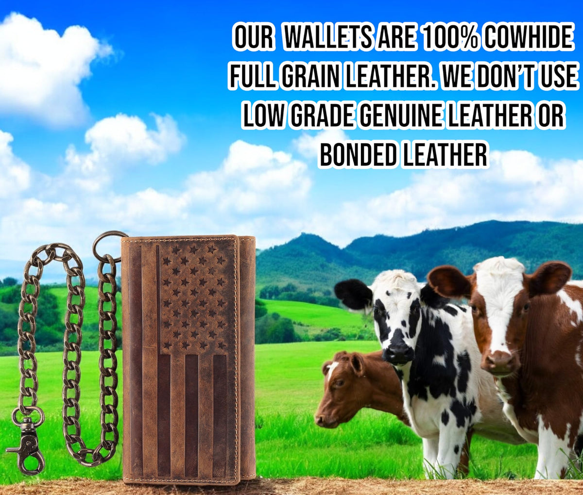 F&L CLASSIC RFID Blocking Mens Tri-fold Long Style Cowhide Leather Steel Chain Wallet,brown flag,212-100