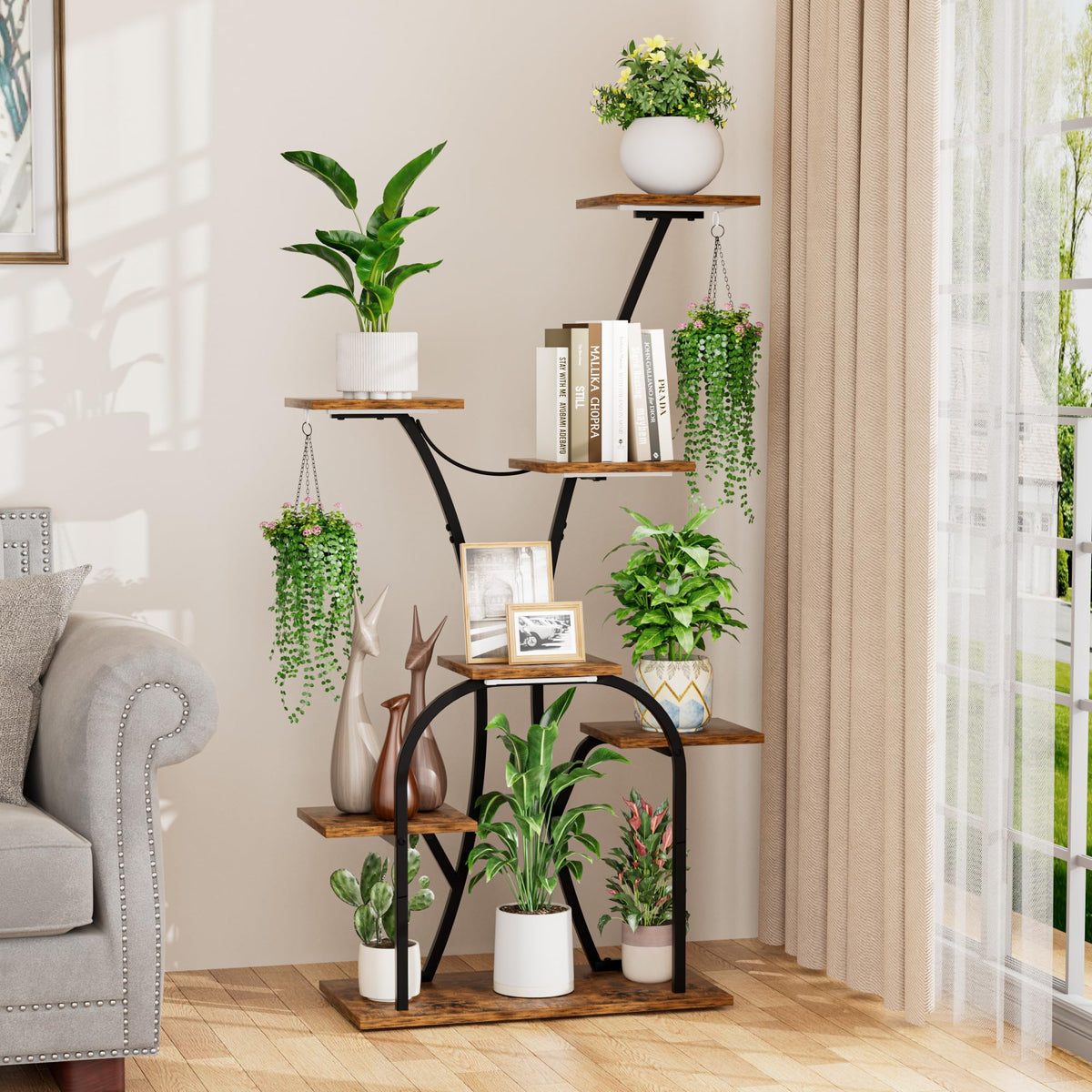 Plant Stand Indoor with Grow Lights, 7 Tiered Plant Shelf Indoor, 50'' Corner Plant Stands for Indoor Plants, Metal Plant Display Shelves Lighted Flower Holder, Plant Rack for Living Room, Black