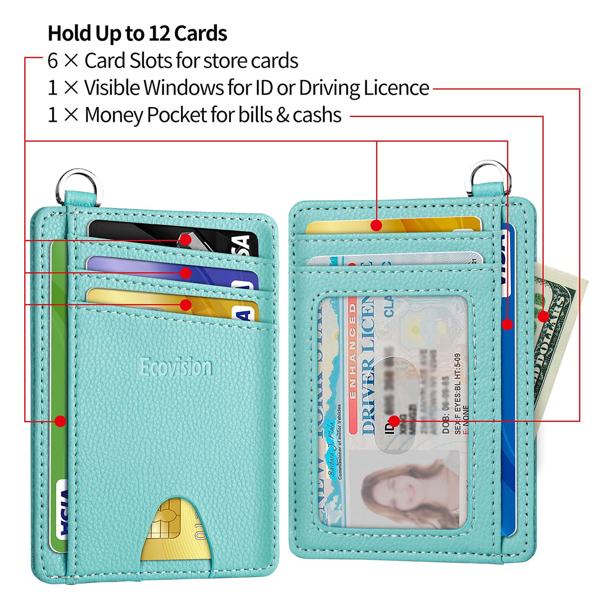 EcoVision Slim Minimalist Front Pocket Wallet, RFID Blocking Credit Card Holder Wallet with Detachable D-Shackle for Men Women