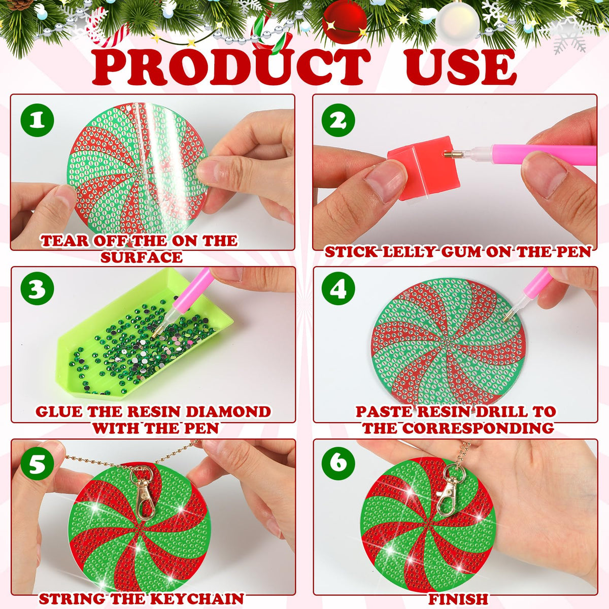 Tondiamo 20 Pcs Christmas Diamond Painting Keychain Kits 5D DIY Diamond Art Pendants Double Sided Hanging Key Chains for Christmas Party Decoration DIY(Cute Candy Cane Style)