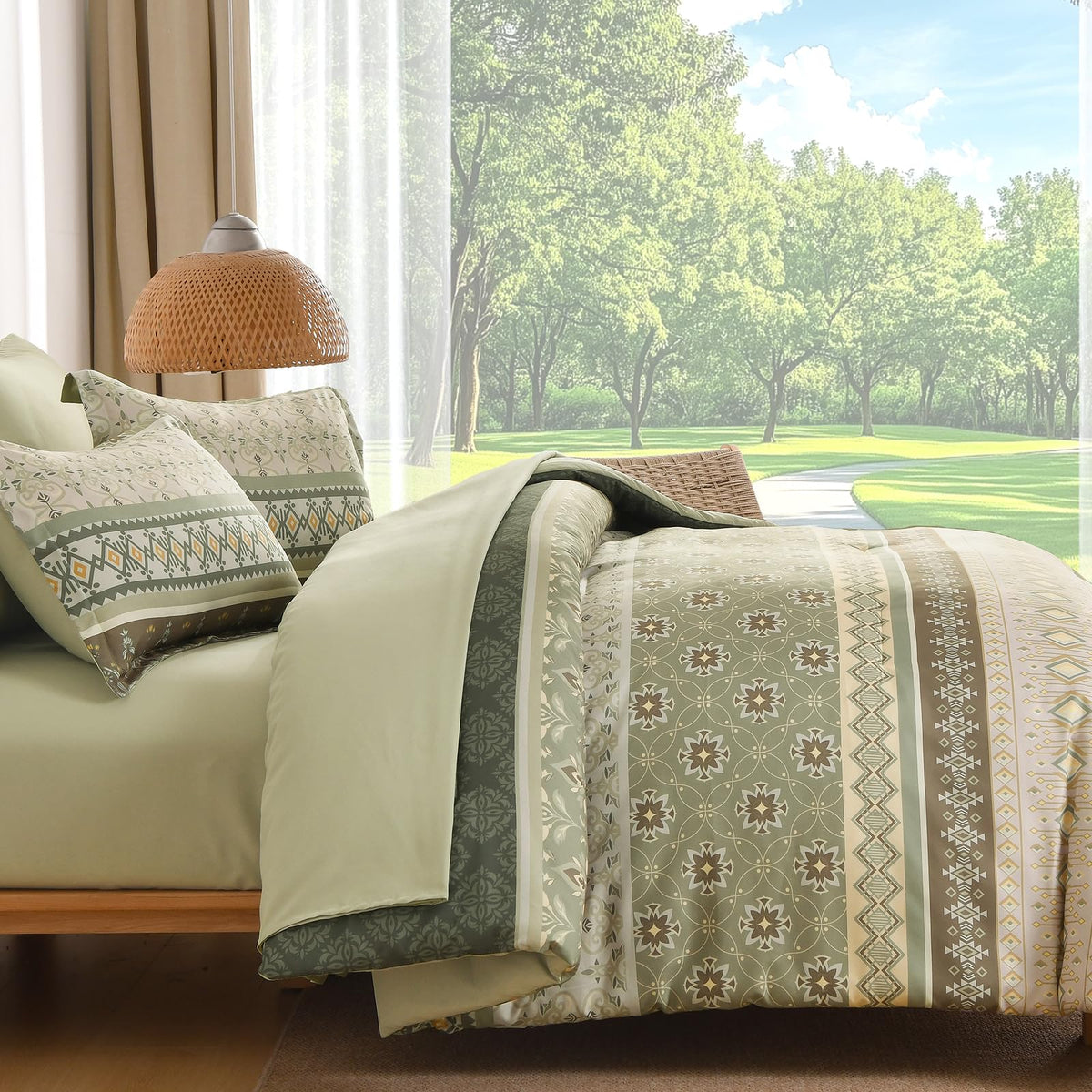 Comforter Set King Size Boho,7 Pieces Bohemian Bedding Comforter Set Striped Bed in a Bag,Grey Green Paisley Floral Comfortet and Sheet Set,Soft Green Gray Bedding Sets for Family