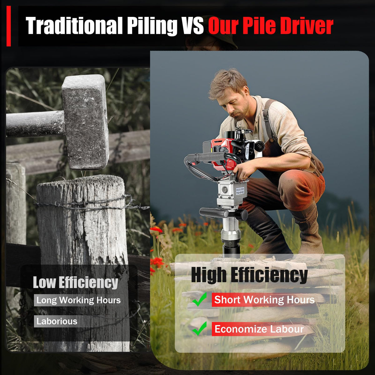 Pxolerig Gas Powered T-Post Driver, 900W 2 Stroke 32.7CC 8500RPM Petrol Post Driver Pile Sleeves in Various Sizes and Hand Pull Start for Garden Guardrails Farm
