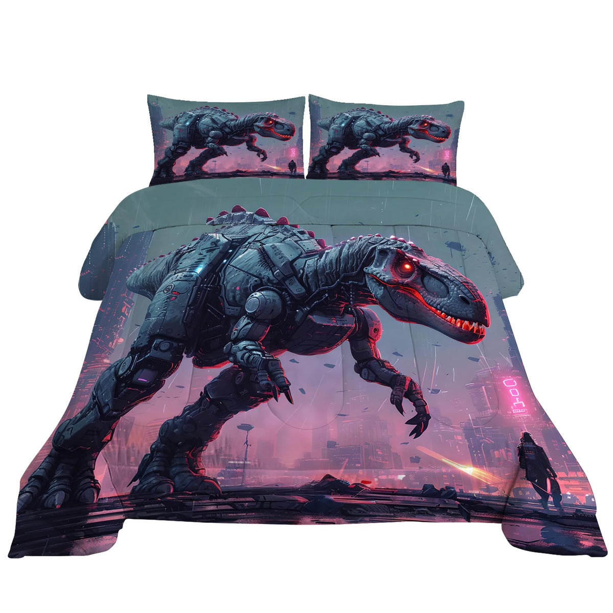 VTKON Kids Dinosaur Comforter Set Queen Size Dino Bedding Set for Kids Teens 3D Printed Neon Dino Comforter Sets 3 Pcs Soft Microfiber Boys Bedroom Decor