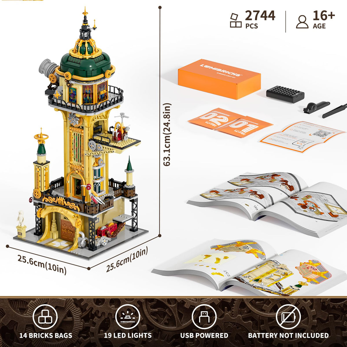 Lumibricks Steampunk Observatory Tower Lighting Building-Bricks Set - Astronomy Tower 2744 Pcs Collection Display Set for Adults and Steampunk Lovers