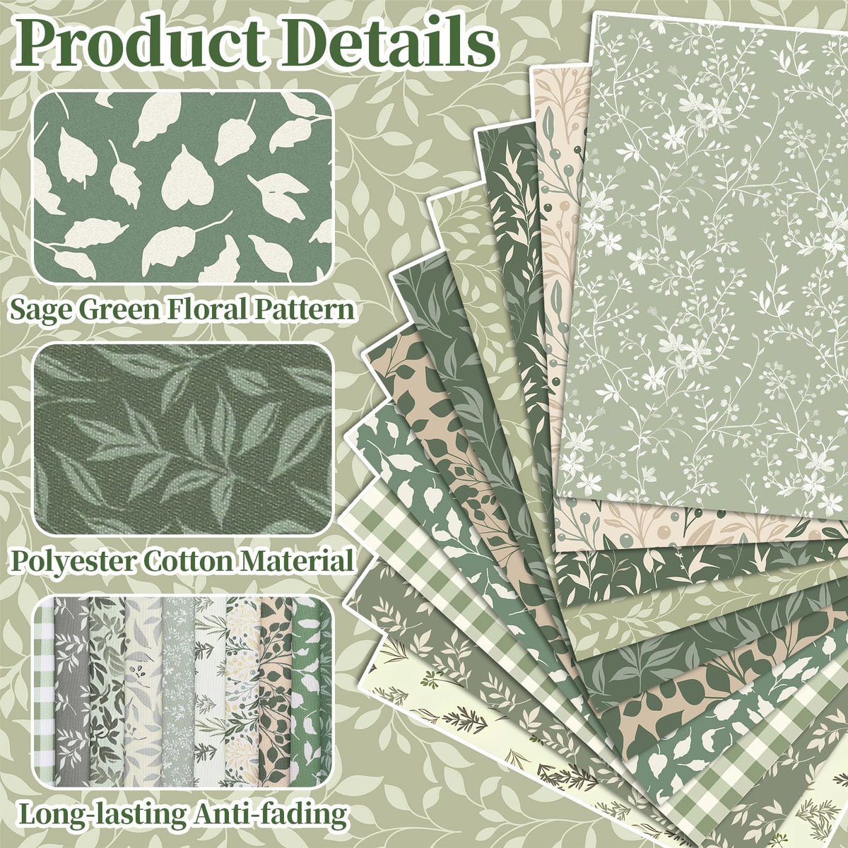 Hahafelt 10 Pcs 18 x 22 Inch Sage Green Fat Quarters Greenery Precut Fabric Bundles Botanical Green Leaves Plaid Flower Quliting Squares Patchwork for Spring Summer DIY Craft Sewing Quilt Material