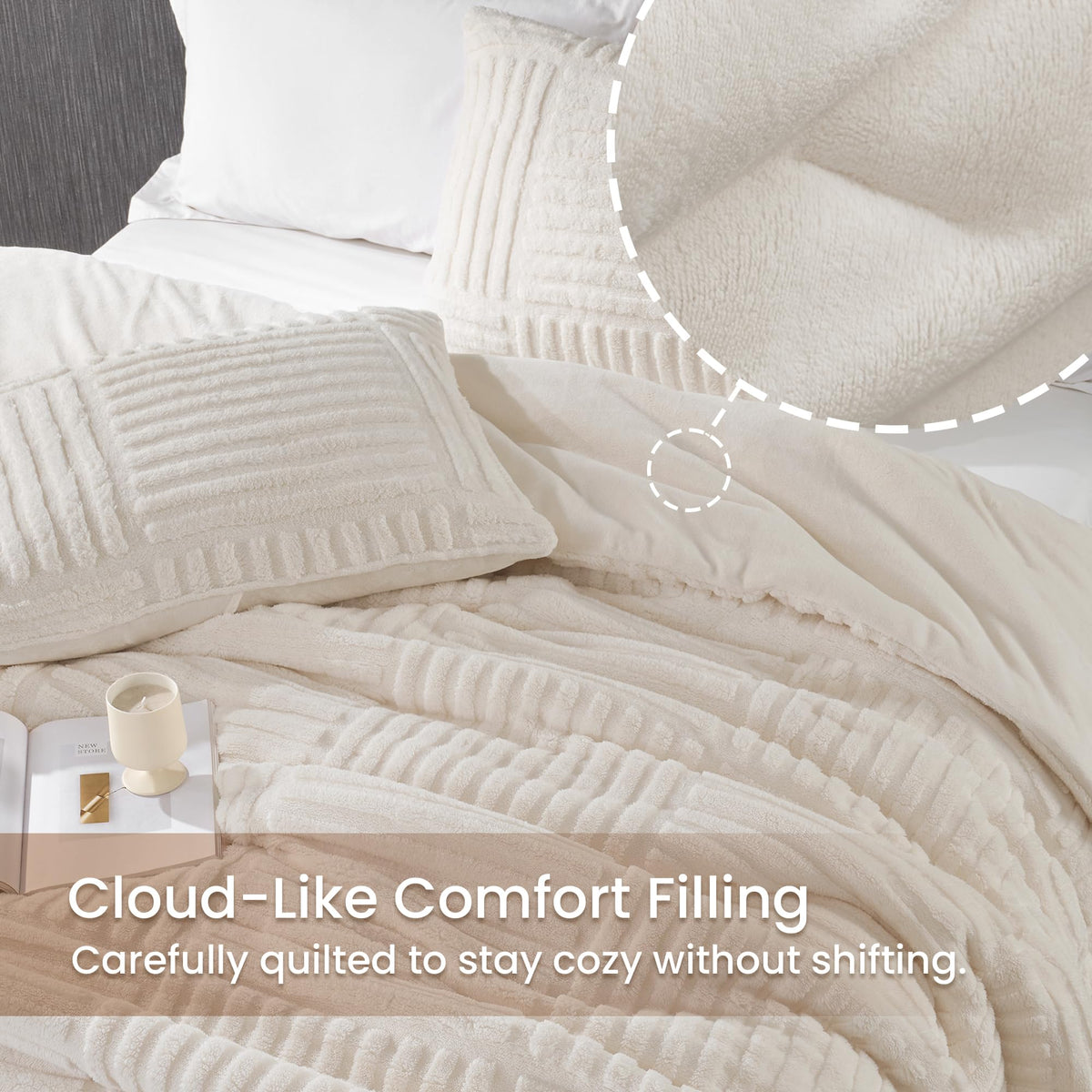 Amélie Home Fleece Comforter Set Queen Size, Beige Fleece Bedding Set with Stripe Jacquard, Soft Fluffy Bedding Set, 3 Pieces, 1 Warm Comforter and 2 Pillowcases