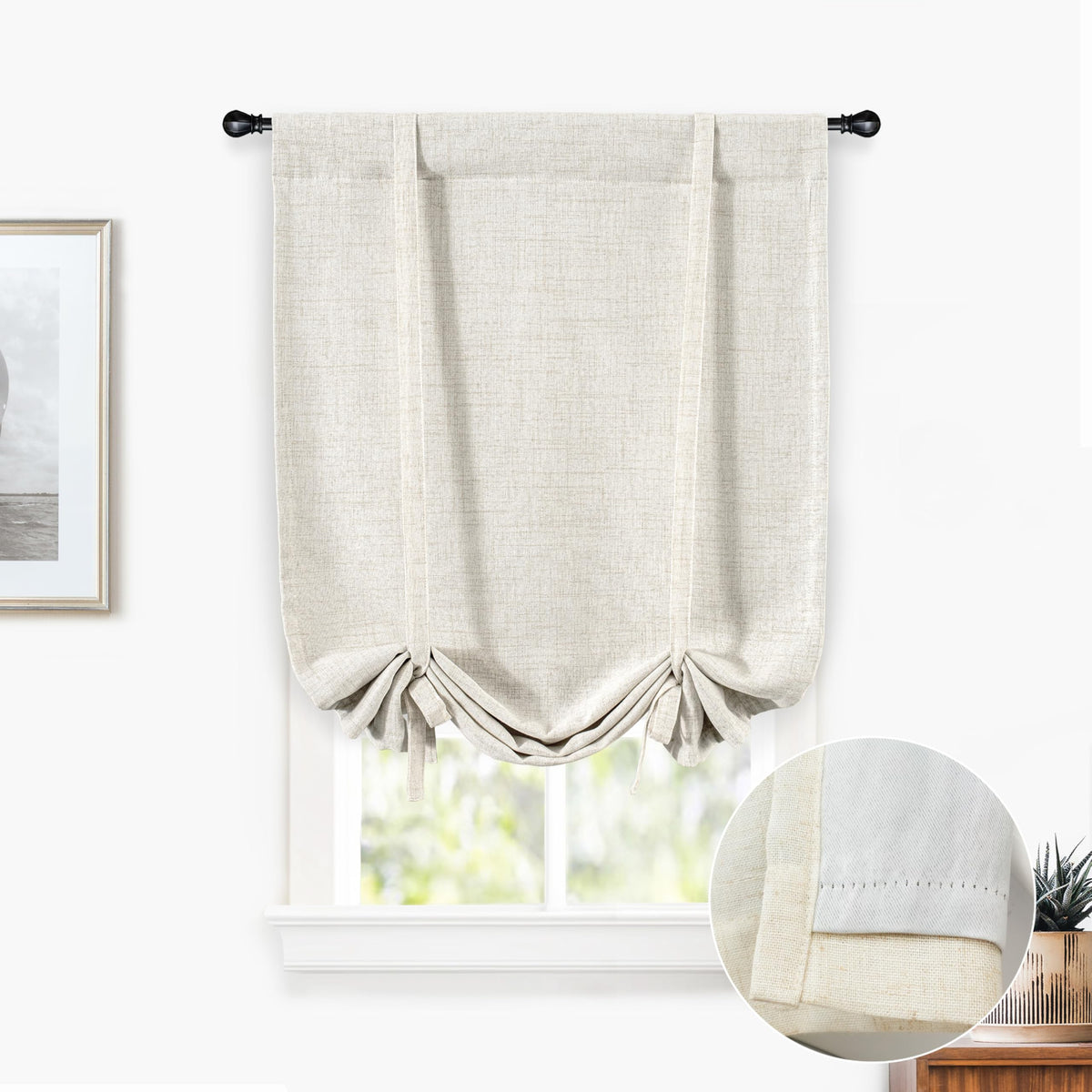 DriftAway Double Layer Linen Blackout Tie Up Curtains Thermal Insulated Fully Lined Balloon Roman Shade Bathroom Window Adjustable Rod Pocket for Small Window 25 Inch by 47 Inch Light Linen