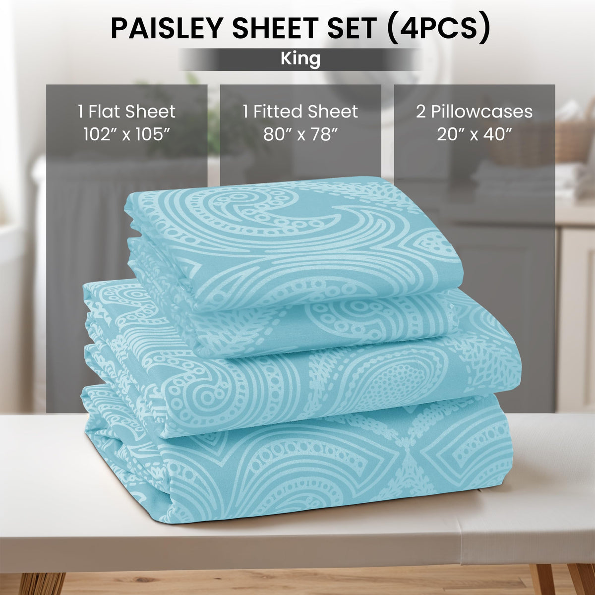 Hannah Linen Paisley King Sheet Set, 4 PC Soft Microfiber Wrinkle Free Sheets - Luxurious Printed Bed Sheets Includes Flat Sheet, Fitted Sheet with Deep Pockets, & 2 Pillowcases - Blue