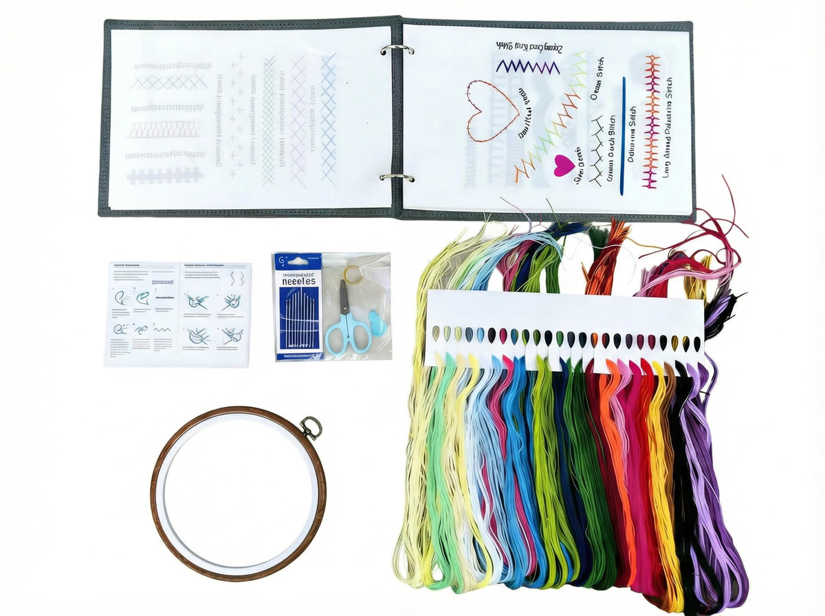 Embroidery Kit with Ring Binder Removable Pages Stitch Book, Patterns, Hoop, Floss, Needlepoint Craft Kit - Cross Stitch for Beginners and Adults