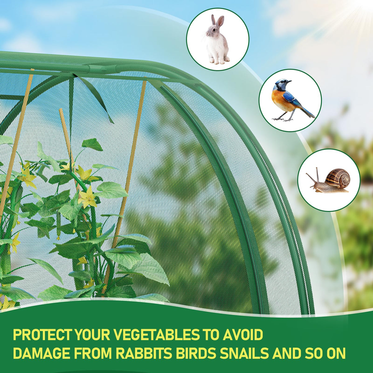 SPECILITE 98x49x49in Garden Plant Netting Mesh Cover for Raised Bed with Roll-up Zipper Door for Vegetables Fruits, Large Tunnel Gardening Net, Green