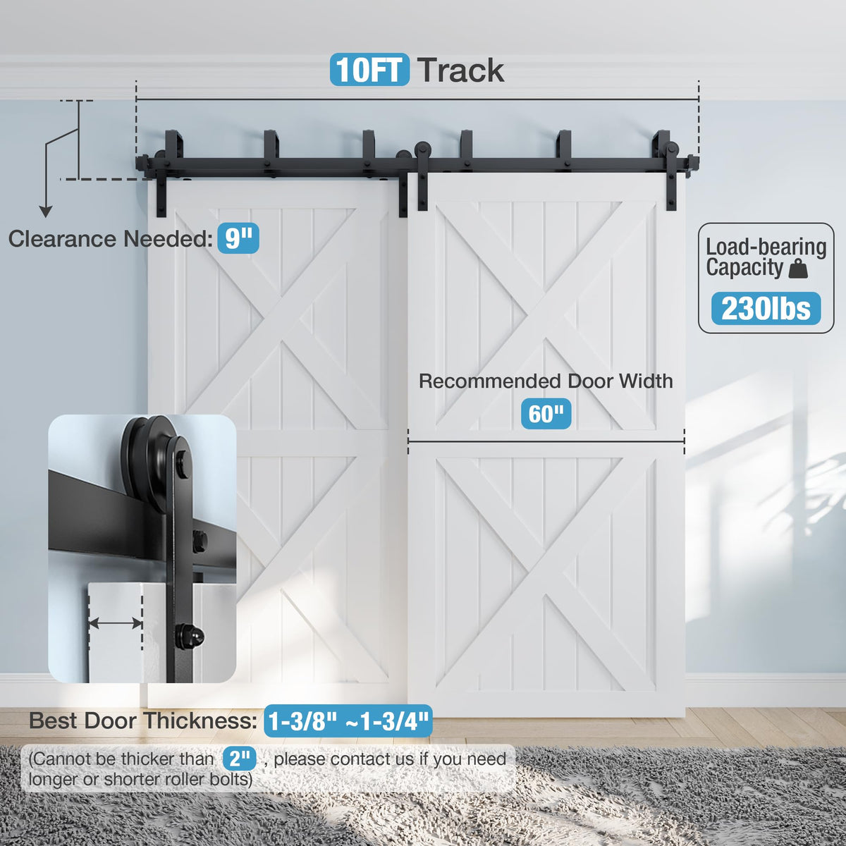 ZEKOO 10FT Double Track Bypass Sliding Barn Door Hardware Kit for 2 Doors, Bypass Barn Door Track Kit, Low Ceiling, Easy Instal, I Shape Hanger, Fit 60" Wide Door Panel