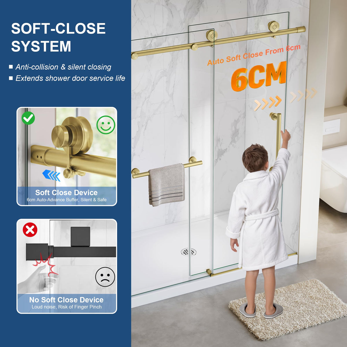Frameless Shower Door,5/16" (8mm) Glass Sliding Shower Door with Soft-Close & Anti-Leak,Nano Coating Anti-Explosion Film SGCC Tempered Glass 55"-60" X 76"H,Brushed Gold