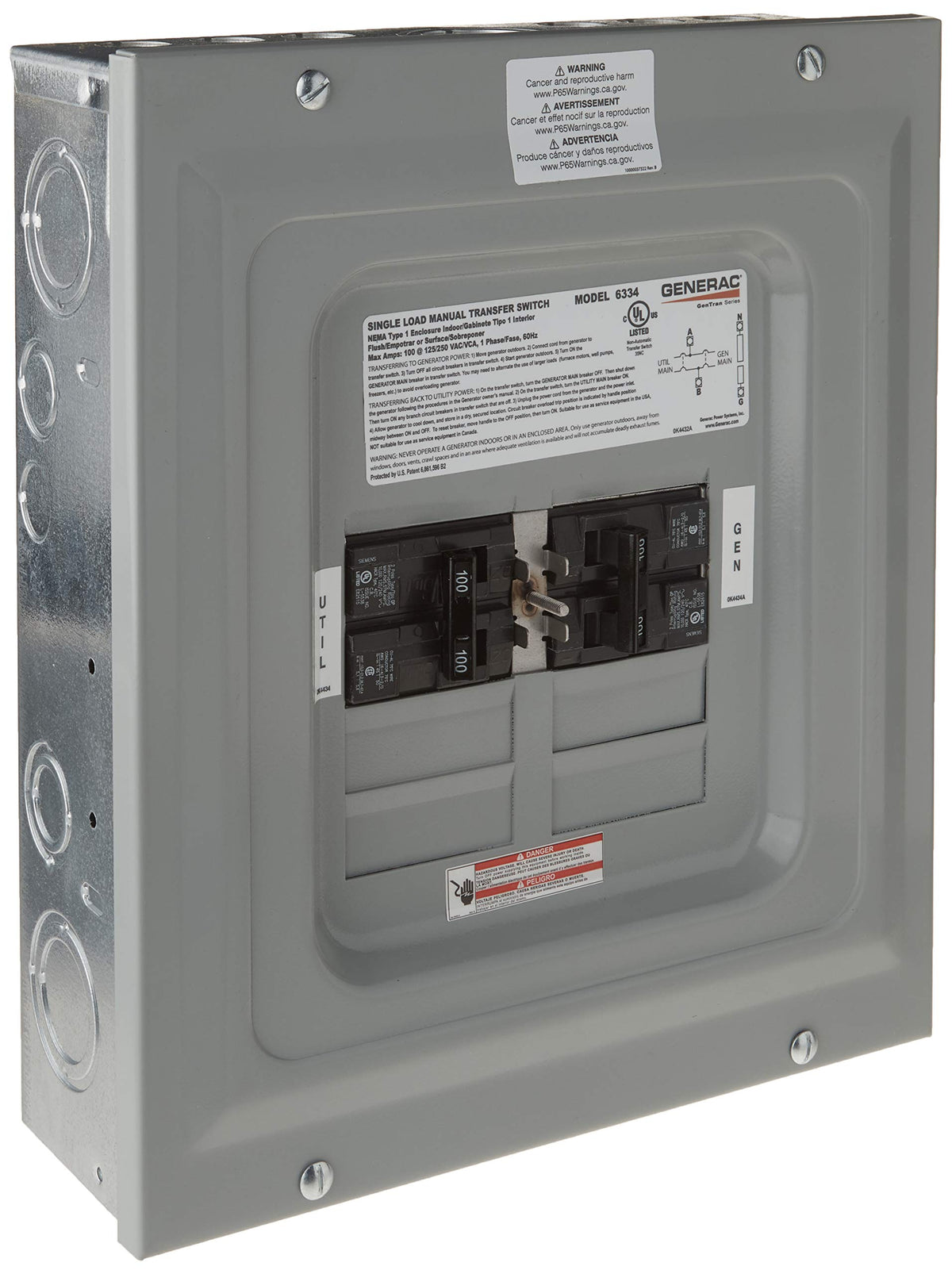 Generac 60-Amp Manual Generator Transfer Switch, Single Load Double Pole, Indoor Backup Power for Portable Generators