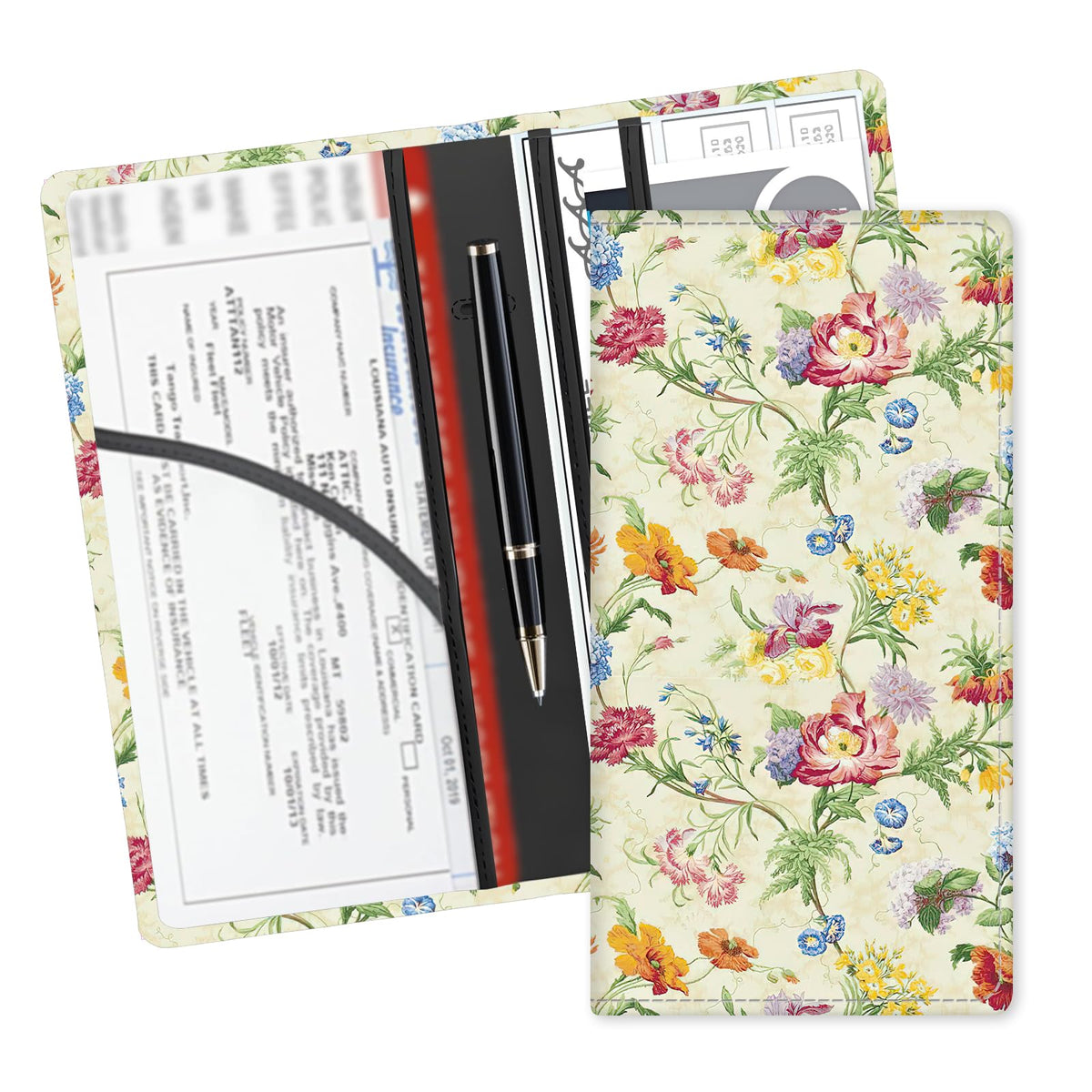ADUQLZUX Leather Car Registration and Insurance Card Holder, Cute Car Accessories Vehicle Glove Box Car Organizer for Documents, Cards, License Retro Colorful Flowers