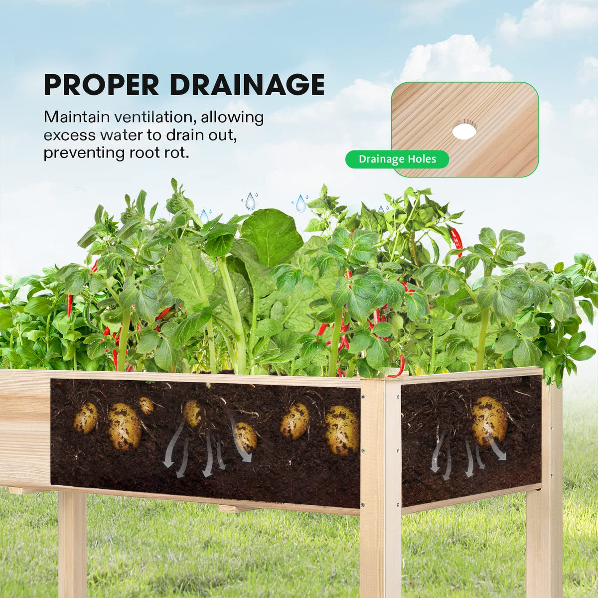 VIVOSUN Elevated Wooden Raised Garden Bed, 48 x 24 x 30 Inches, Outdoor Wood Planter Box w Bed Liner and Gloves for Garden, Patio, Balcony, Backyard and Outdoors, 220-Pound Capacity