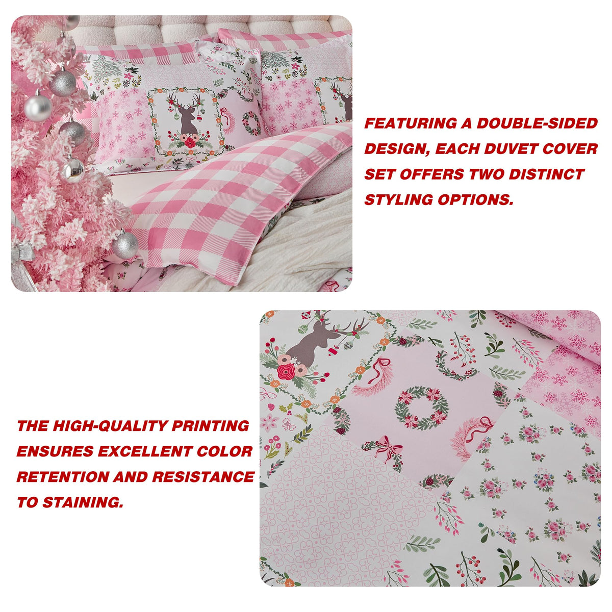 Joyreap 3pcs Christmas Duvet Cover Set King, Pink n White Xmas Patchwork Design Comforter Cover Set, Includes 1 Duvet Cover and 2 Pillow Shams