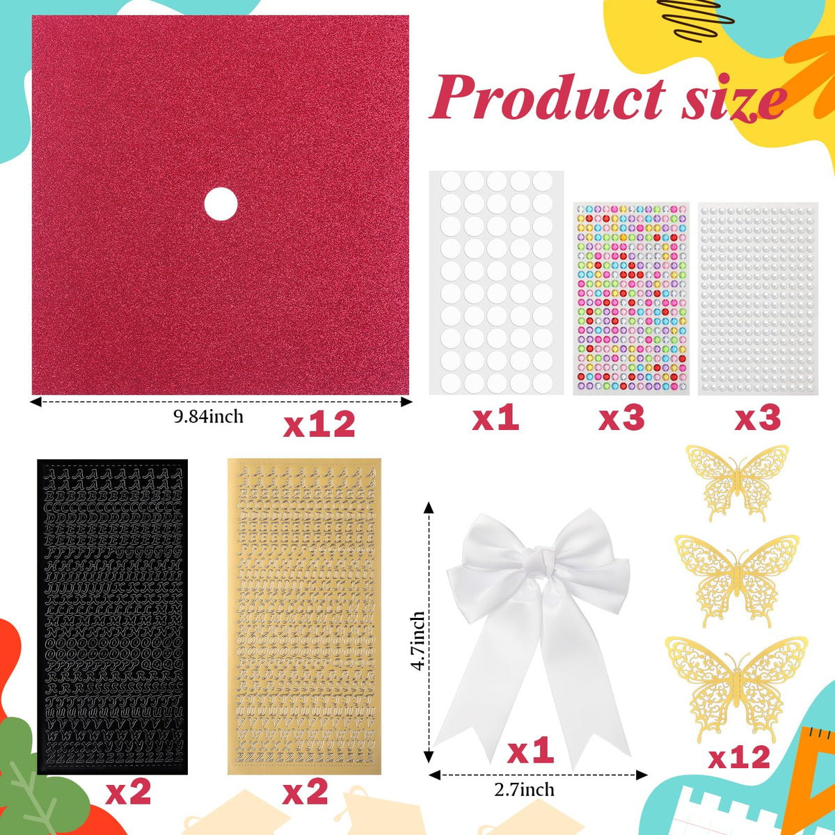 Gilprop 56 Pcs Graduation Grad Cap Decorations Kit DIY Glitter Card Stock Construction Paper Bow Artificial Flower Heads 3D Butterfly Rhinestones Letter Stickers Adhesive Dots for Grad Hat(Red)