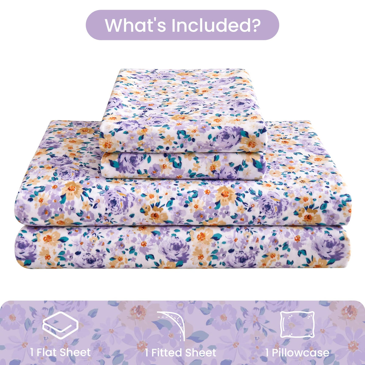 Mooreeke Floral Twin 3 Pieces Bed Sheets, Soft Microfiber Bedding Sheets & Pillowcases, Deep Pocket Non-Slip Vintage Twin Sheet, Purple Yellow Flower Pattern Bedsheets