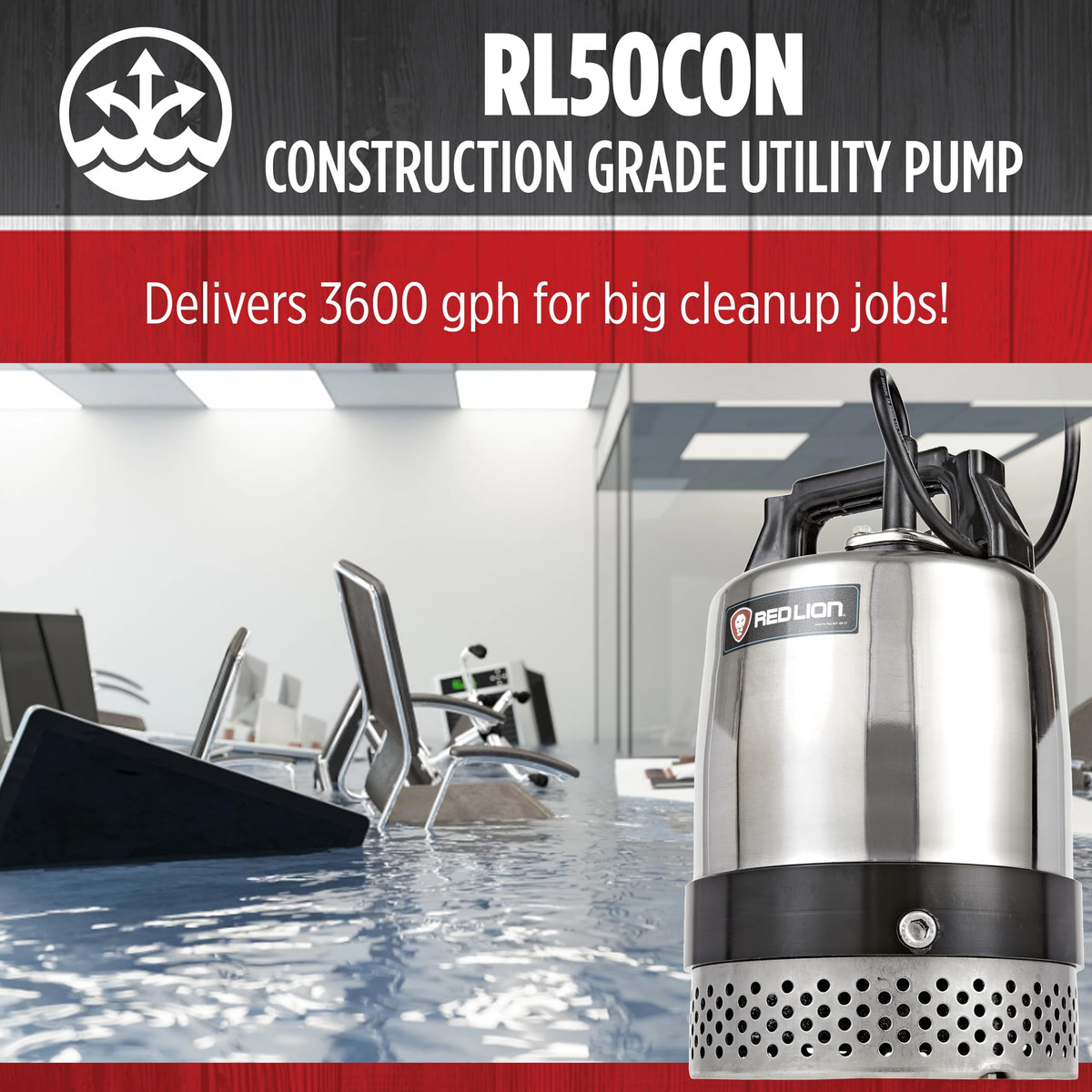 Red Lion RL50CON 115 Volt, 1/2-HP, 3600 GPH Heavy-Duty Stainless Steel Manual Submersible Utility Pump with 20-Foot Power Cord, Steel, 14942722