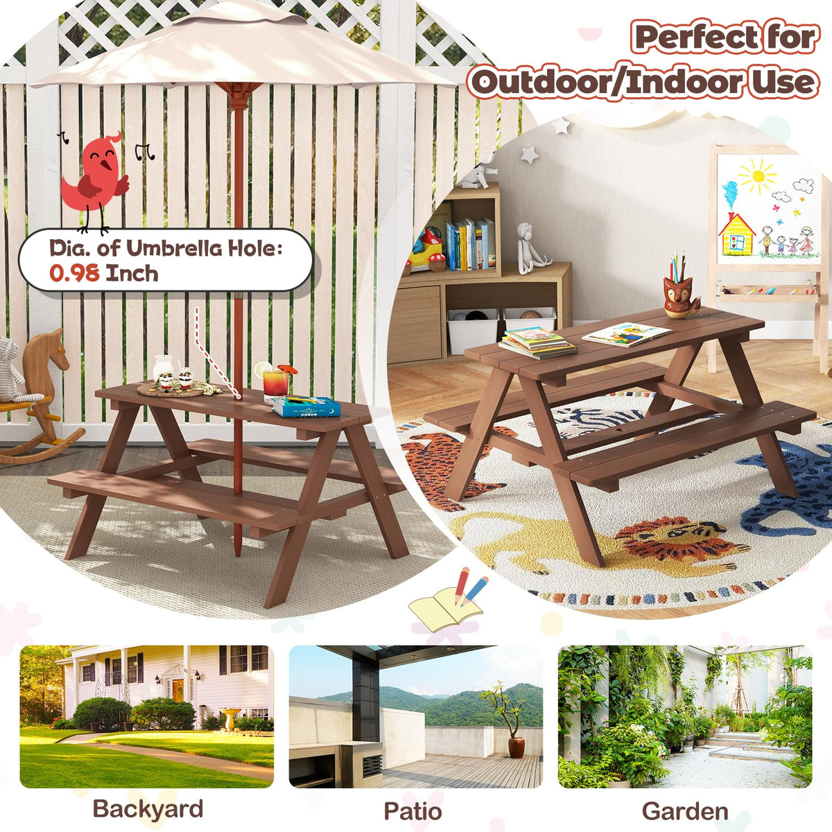 HONEY JOY Kids Picnic Table, Toddler Outdoor Table & Bench Set, Wooden Children Patio Furniture with Folding Umbrella, Kids Picnic Tables for Outdoors, Gift for Boys Girls