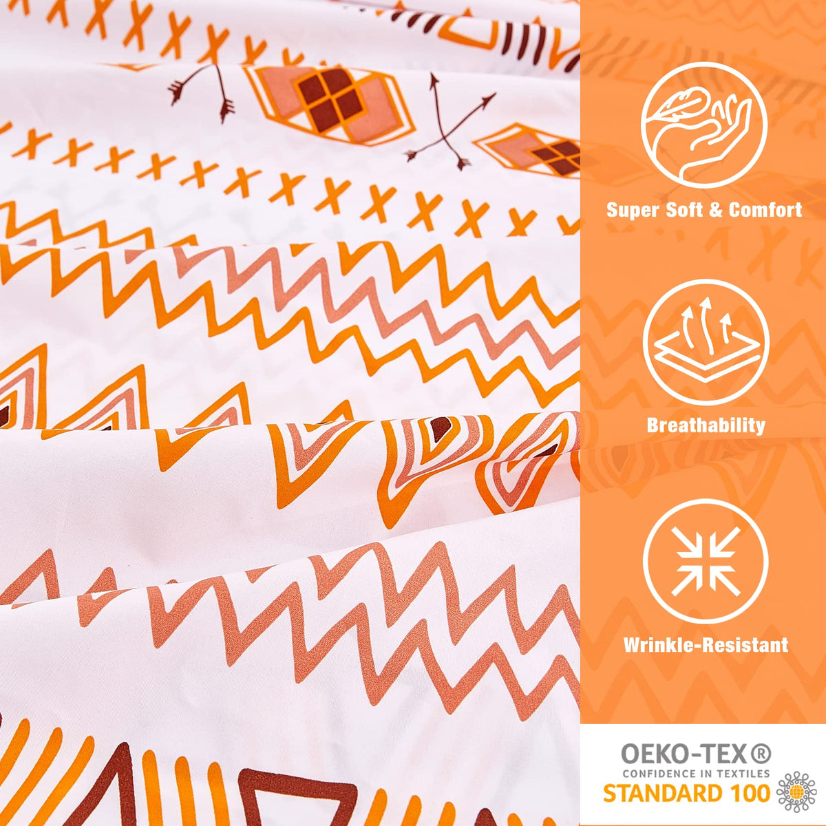 JSD Geometric Printed Sheet Set Queen, 4 Piece Soft Orange Pattern Microfiber Sheets Extra Deep Pocket