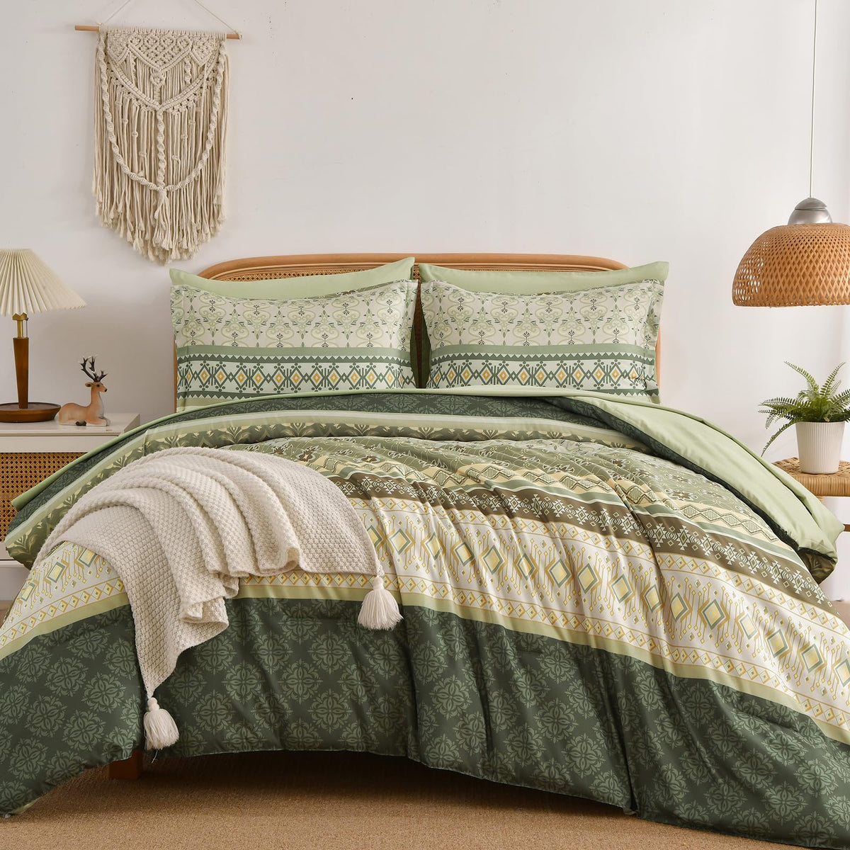 Comforter Set King Size Boho,7 Pieces Bohemian Bedding Comforter Set Striped Bed in a Bag,Grey Green Paisley Floral Comfortet and Sheet Set,Soft Green Gray Bedding Sets for Family