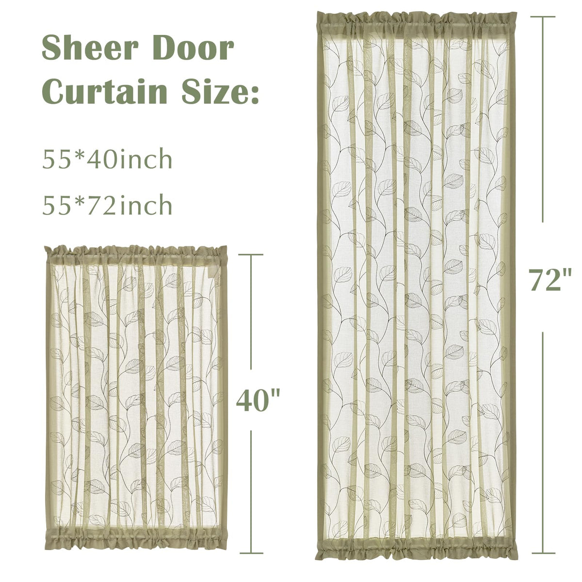 jinchan French Door Curtain Privacy Rustic Leaf Embroidered Semi Sheer Voile Front Curtain for Window Doorway Closet, Door Panel with Tieback Rod Pocket 1 Panel 55W x 40L Inch Sage Green