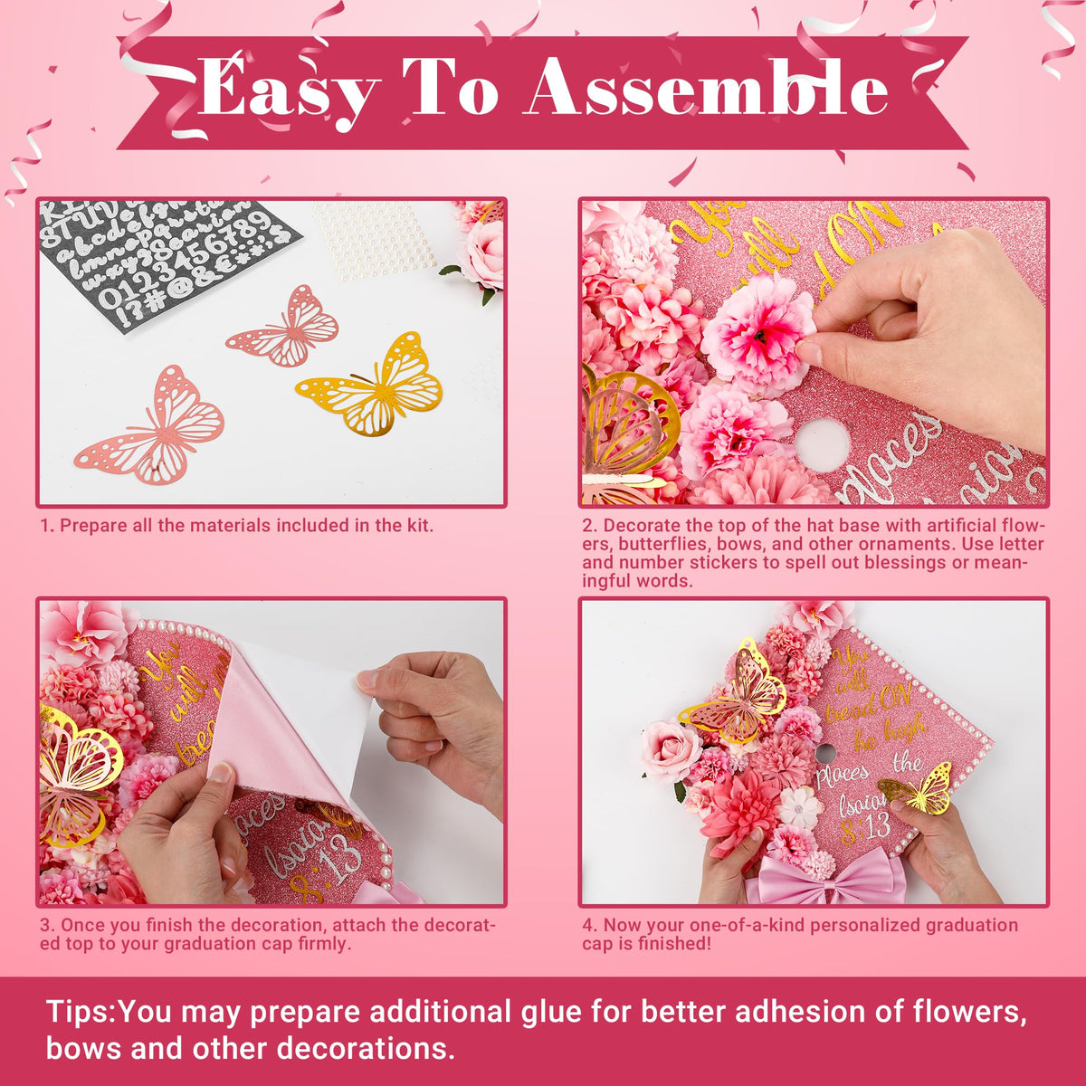 68 Pcs Pink DIY Graduation Cap Decorations Accessory Kit 3D Artificial Flowers Pink White Bows Butterfly Glitter Alphabet Number Pearl Stickers for DIY Hat Grad Cap Topper Graduation Party Supplies