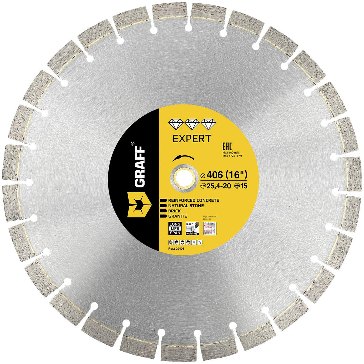 Laser Welded Diamond Blade 16 Inch — Diamond Cutting Wheel for Cutting Reinforced Concrete, Stone, Marble, Granite, Brick, Masonry — Diamond Saw Blade Segment Height 0.591 (15 mm) — GRAFF