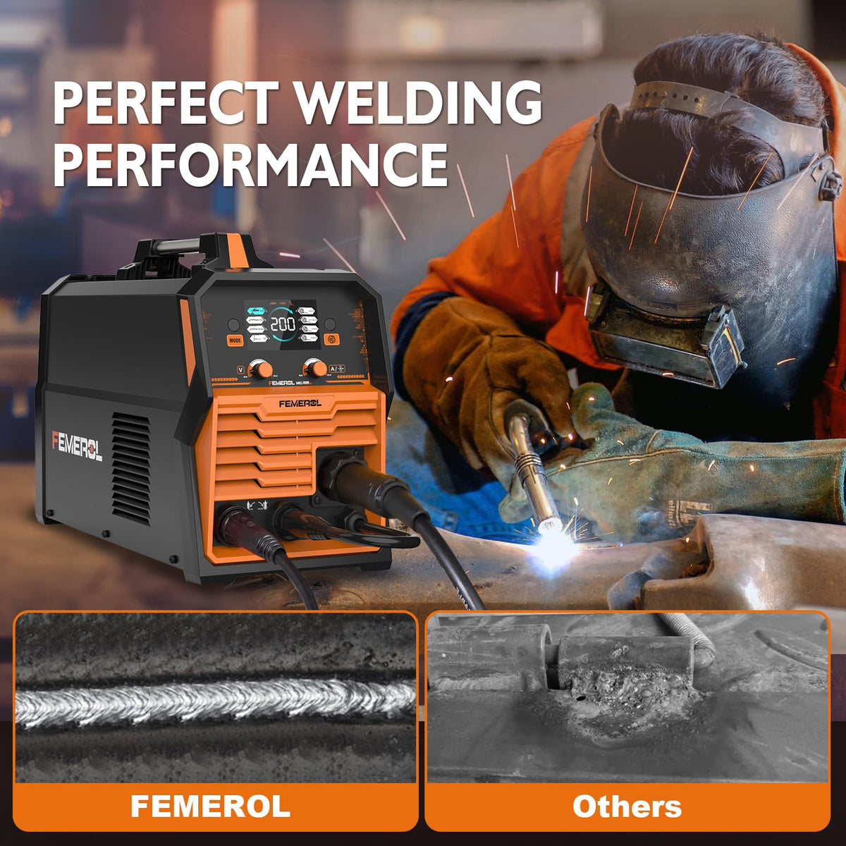 FEMEROL 200A MIG Welder,4 in 1 Gas MIG/Gasless Flux Core/Stick/Lift TIG Multi-process Welding Machine Large LED Display 110V/220V Multi Welder