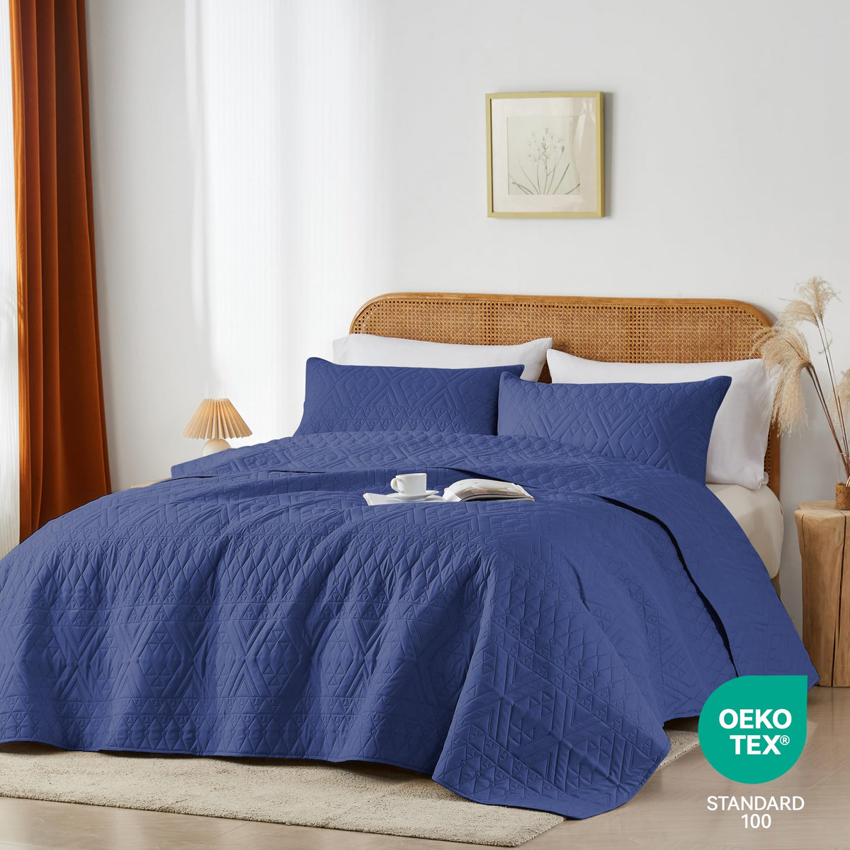 akkialla Full/Queen Size Quilt Bedding Set,Navy Blue Lightweight Microfiber Soft Bedspread,Modern Style Geoetric Pattern Coverlet Set for All Seasons,3 Piece(1 Quilt,2 Pillow Shams)