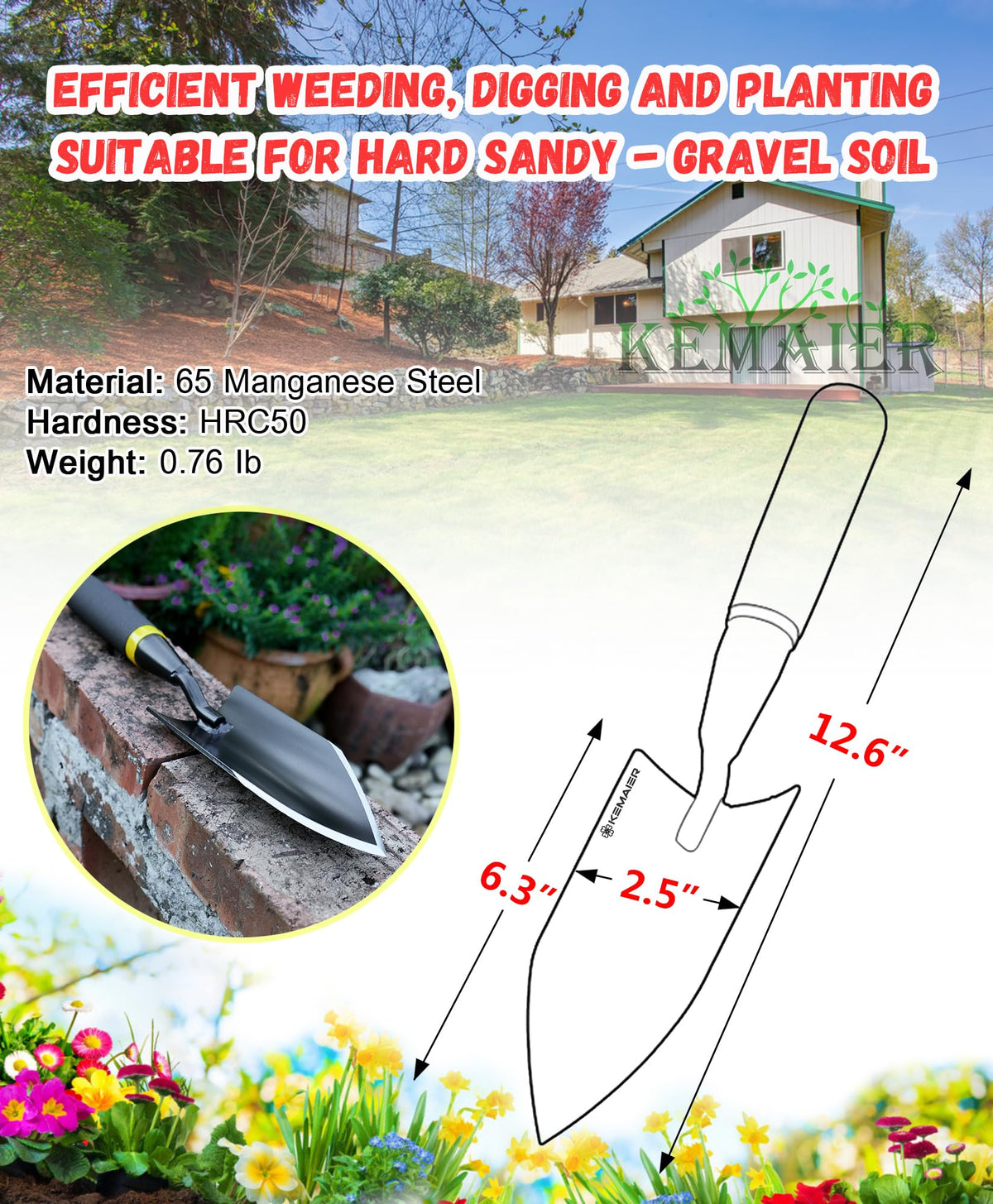 Heavy Duty Gardening Hand Trowel - Carbon Steel Garden Trowel with Rubberized Handle, Ideal for Soil Planting, Digging, Transplanting