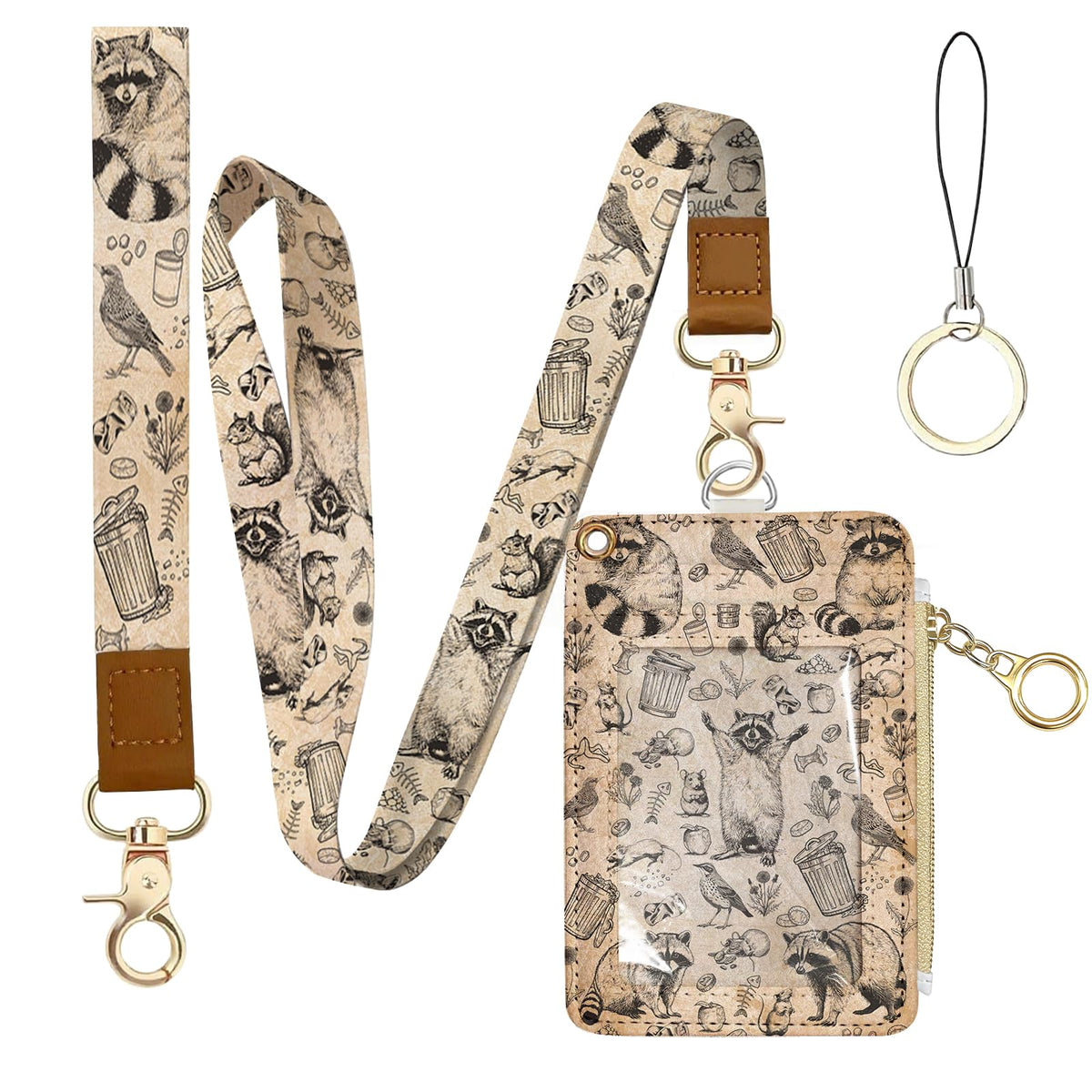 Leather Cute Badge Holder with Zipper Pocket, Raccoon Lanyards and 1 Zip Pocket and 4 Card Slots, Breakaway Lanyards with Metal Clasp for Offices, Staff, Adult, Employees