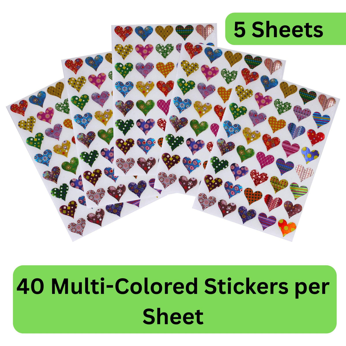 Valentines Sticker Hearts – Shiny Metallic Assorted Patterns Heart Stickers in Red, Pink, Blue, Gold, Green, Purple, Stars, Flowers, Stripes and Dots - Permanent Adhesive - 200 Pack by Royal Green