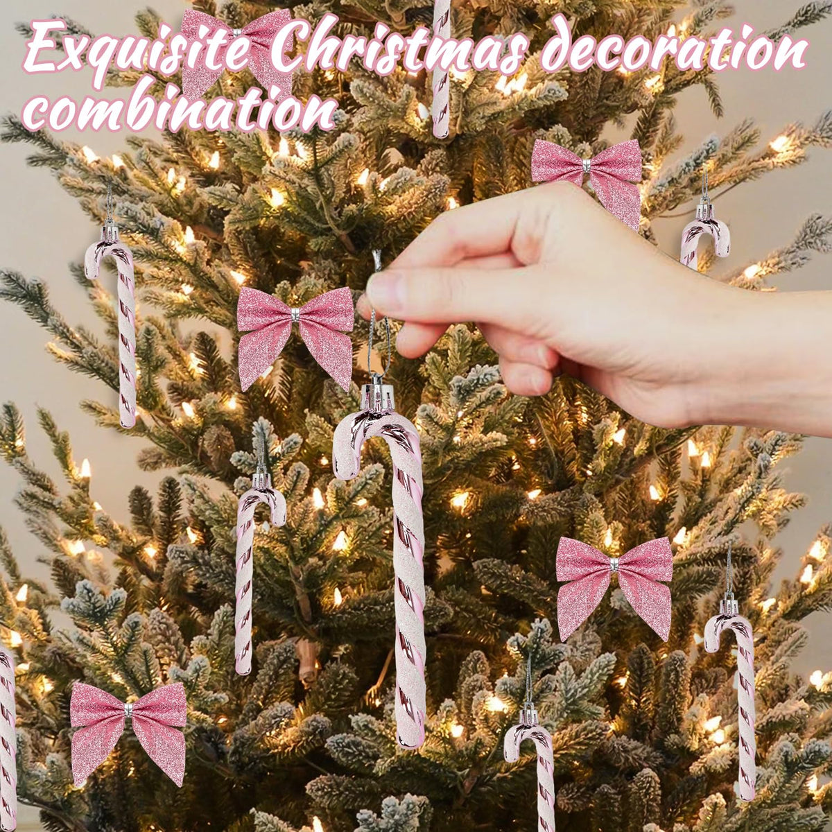 12 Pcs Candy Cane Christmas Decorations,5.5inch Glitter Candy Cane Bows for Xmas Tree Hanging Ornament Holiday Festival Party Home Decoration (Pink)