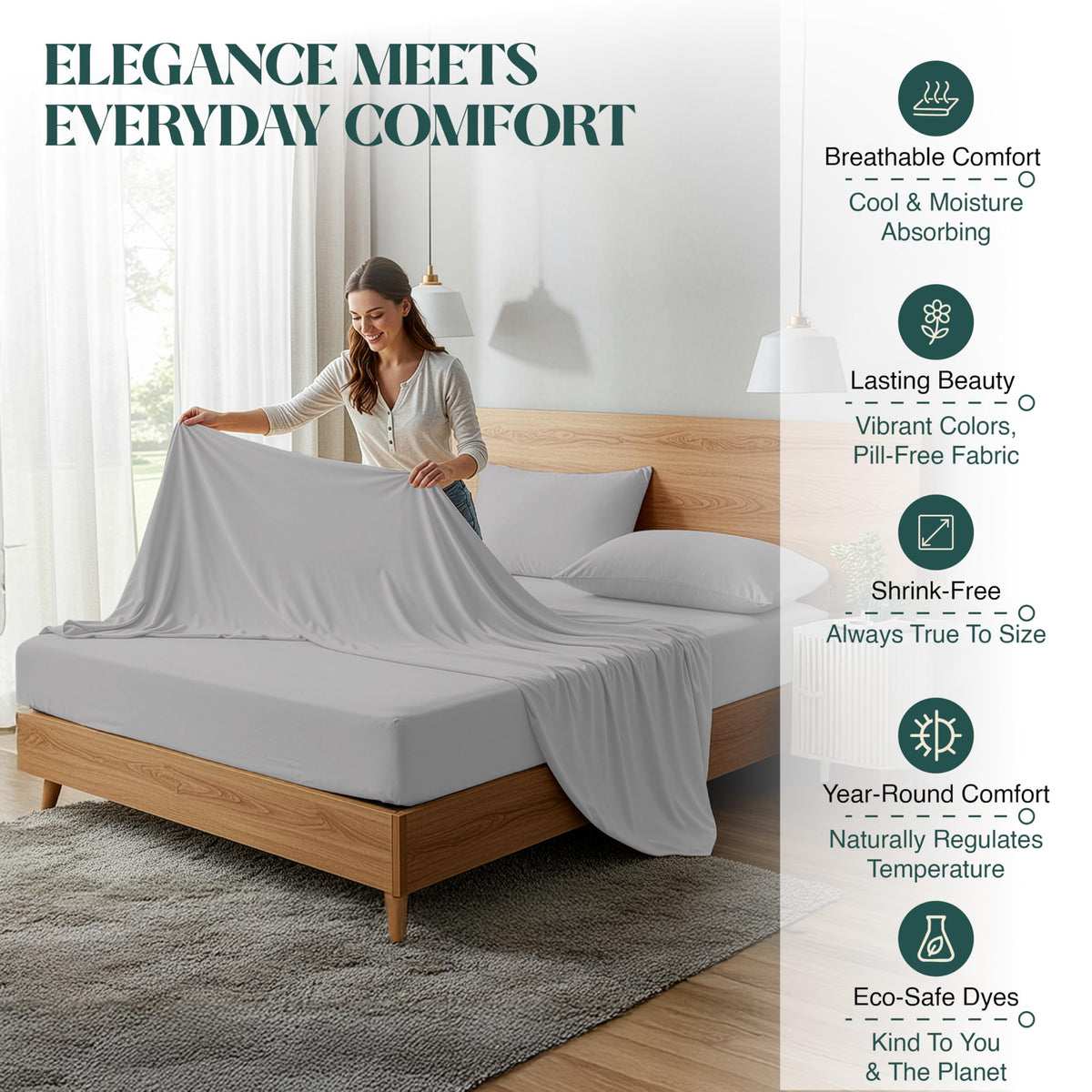 BlissBay Weave 100% Egyptian Cotton Sheet Set Queen Size 4 PCs Sateen Weave Cooling Soft Wrinkle Resistant 18 inches Deep Pocket | 1 Fitted Sheet, 1 Flat Sheet, 2 Pillowcases | Silver