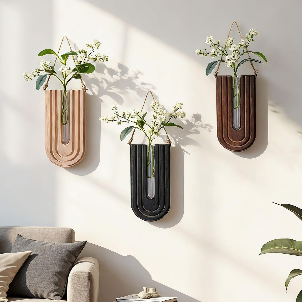 Wooden Wall Vase Set of 3, Propagation Vases Hanging Planters for Indoor Plants, Wall Mounted Vase Boho Modern Farmhouse Decor for Entryway Hallway