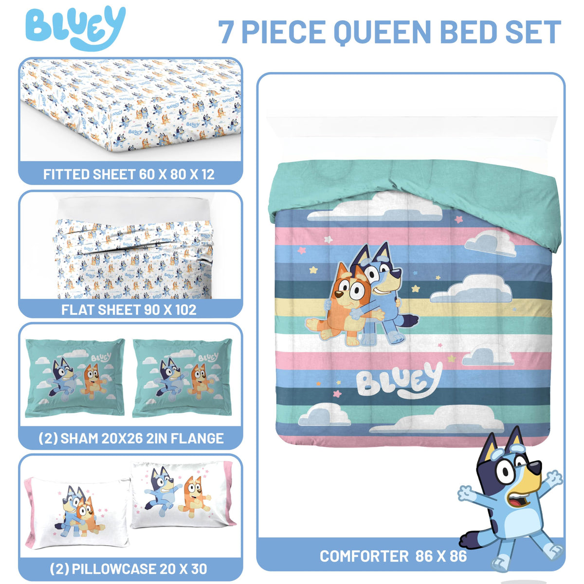 Jay Franco Kids Bed Set, Multi, Bluey, 7 Piece Queen