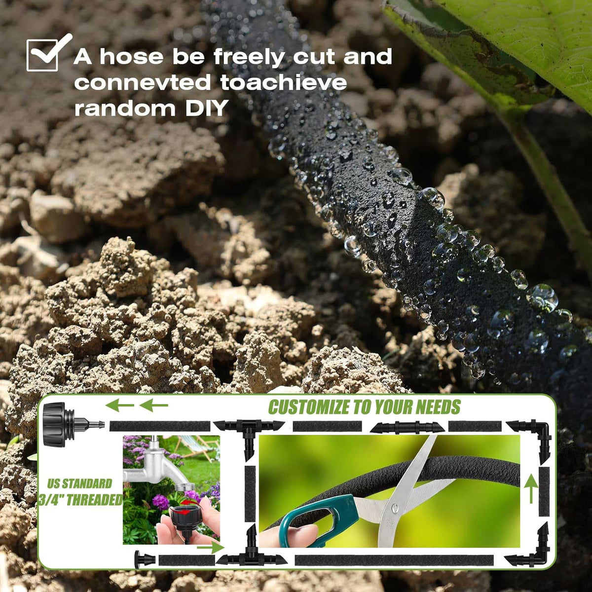 1/4 Inch Soaker Hose for Garden 100ft Soaker Irrigation Drip Hose System, Heavy Duty Drip Irrigation Tubing with Hose Connector Accessories for Watering Garden Beds Vegetable Lawn and Yard (100ft)