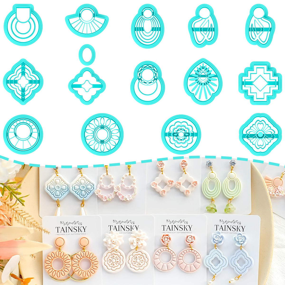 TAINSKY Geometric Clay Cutters, 15 Shapes Polymer Clay Cutters for Earrings Making, Organic Polymer Clay Cutters, Boho Clay Cutters for Polymer Clay Jewelry