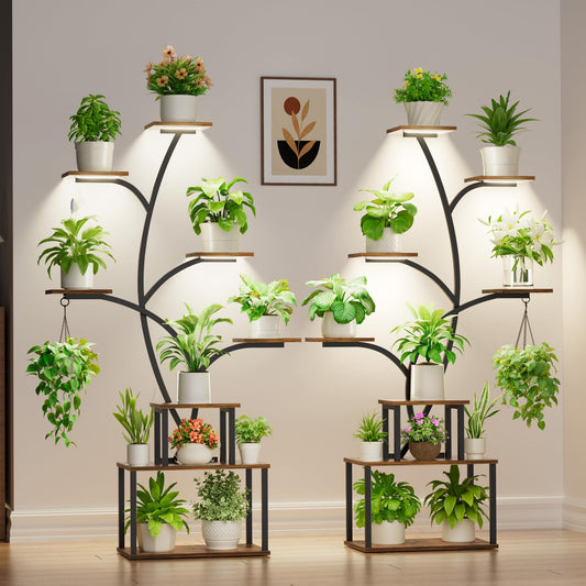 Plant Stand Indoor with Grow Lights - Large Plant Shelf Indoor, 63" 8 Tier Tall Plant Stands for Multiple Plants, 2 Pack Lighted Corner Flower Shelf, Tree-Shaped Metal Holder for Living Room, Black