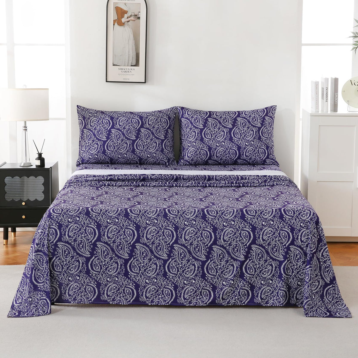 Yibeizi King Size Sheets Set Deep Pocket Purple Paisley Bed Sheet Sets, Floral Printed Soft Microfiber Oeko-Tex Hypoallergenic Sheets & Pillowcases Wrinkle Free Bedsheets