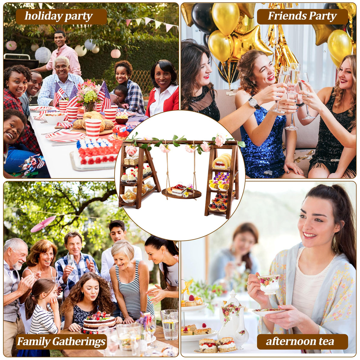 3 Tier Wooden Cupcake Stand with Swing and Flower Decoration, Large Dessert Stands with Serving Tray, Removable Trays, Foldable Ladder Food Display Set for Cake Snack Fruit Chips Bread Centerpieces (Dark Brown)